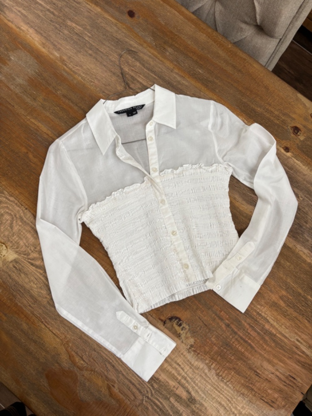 Veronica Beard Emerson Smocked Cotton Button-Up Shirt in White.  Size - Picture 3 of 8